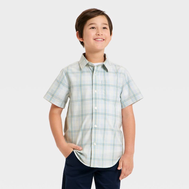 slide 1 of 3, Boys' Short Sleeve Plaid Poplin Button-Down Shirt - Cat & Jack™ Light Blue/Yellow XL, 1 ct