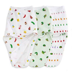 aden + anais essentials 100% Cotton Quick Change Easy Swaddle Wraps - Eric Carle - 0-3m - 3pk: Bottom Zipper, Adjustable Sleeves