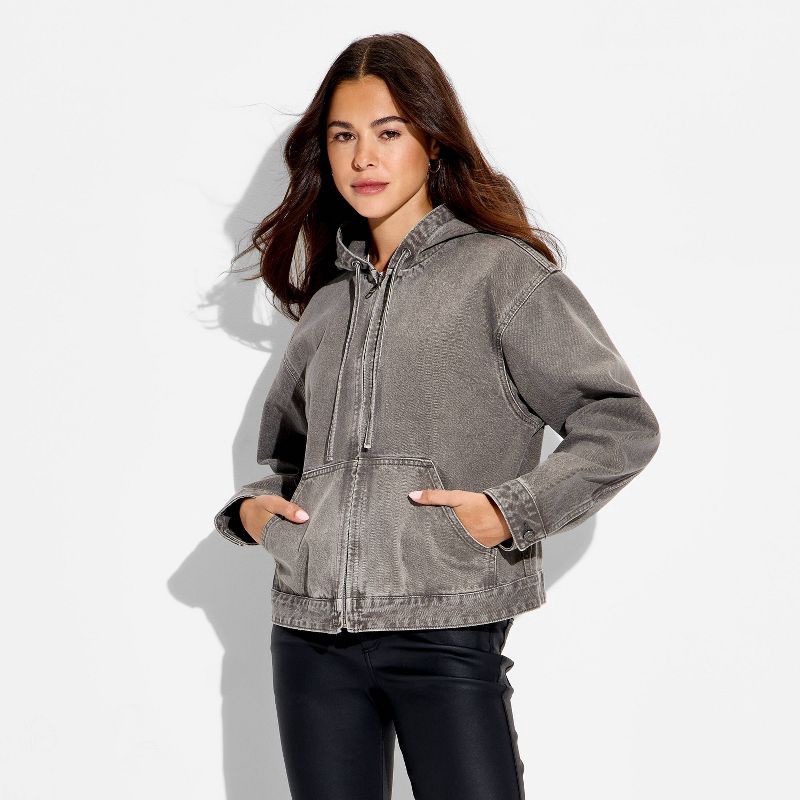 slide 2 of 3, Women's Hooded Zip-Up Denim Jacket - Wild Fable™ Gray Wash S, 1 ct