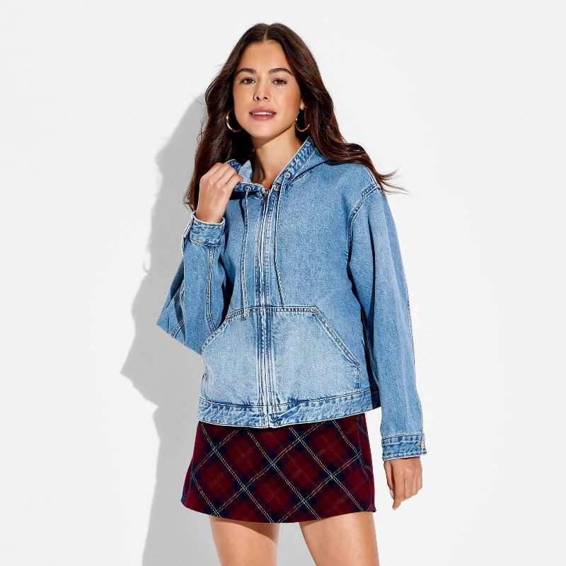 slide 2 of 3, Women's Hooded Zip-Up Denim Jacket - Wild Fable™ Medium Wash XXS, 1 ct