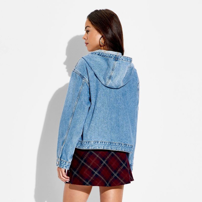 slide 3 of 3, Women's Hooded Zip-Up Denim Jacket - Wild Fable™ Medium Wash XXS, 1 ct