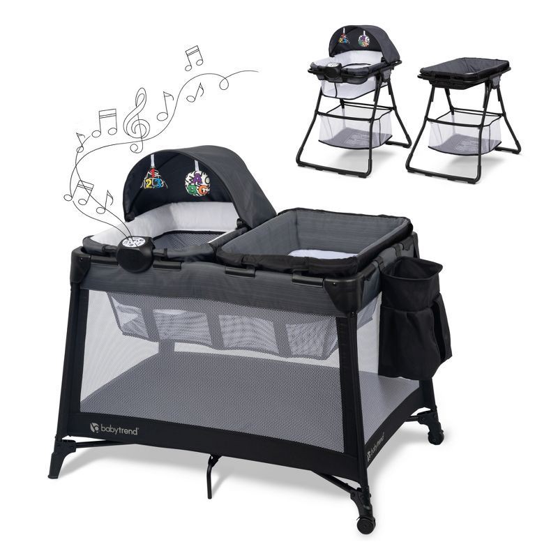 slide 1 of 19, Baby Trend Willow Nursery Center Standard Playard with Bassinet Stand/Changing Stand and Music Center - Black, 1 ct