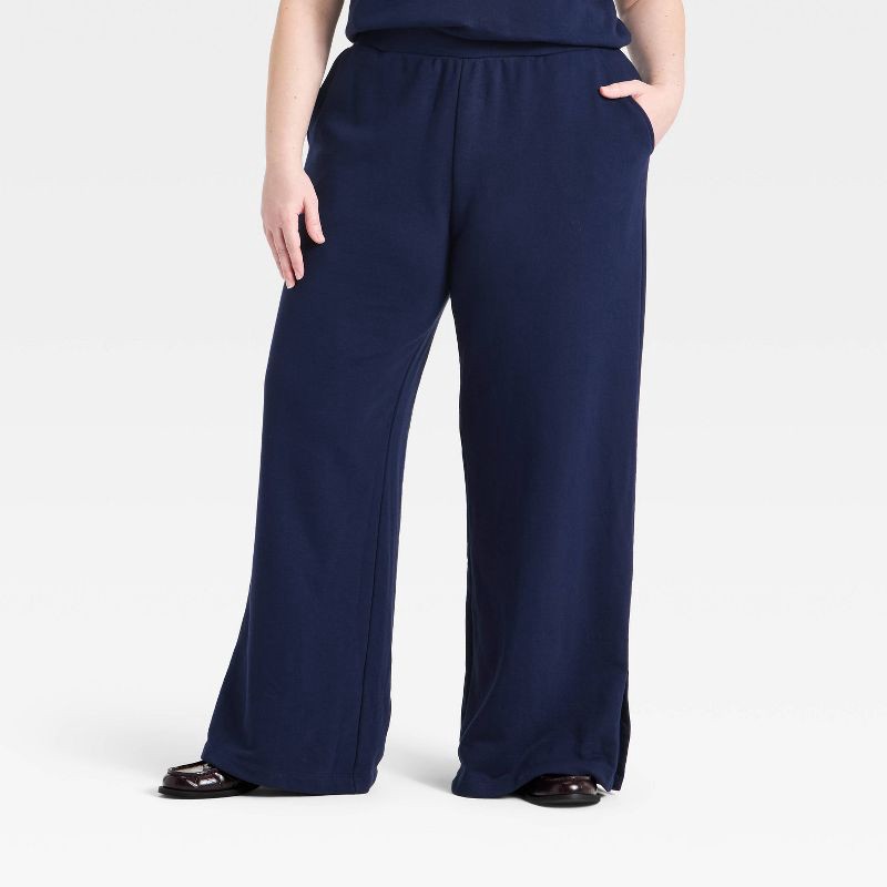 slide 1 of 3, Women's Mid-Rise Wide Leg French Terry Pants - A New Day™ Navy XXL, 1 ct