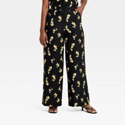 Women's Slub Crepe Printed Pants - A New Day™ Black Floral M