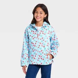 Girls' Strawberry Floral Printed Rain Jacket - Cat & Jack™ Light Blue XS