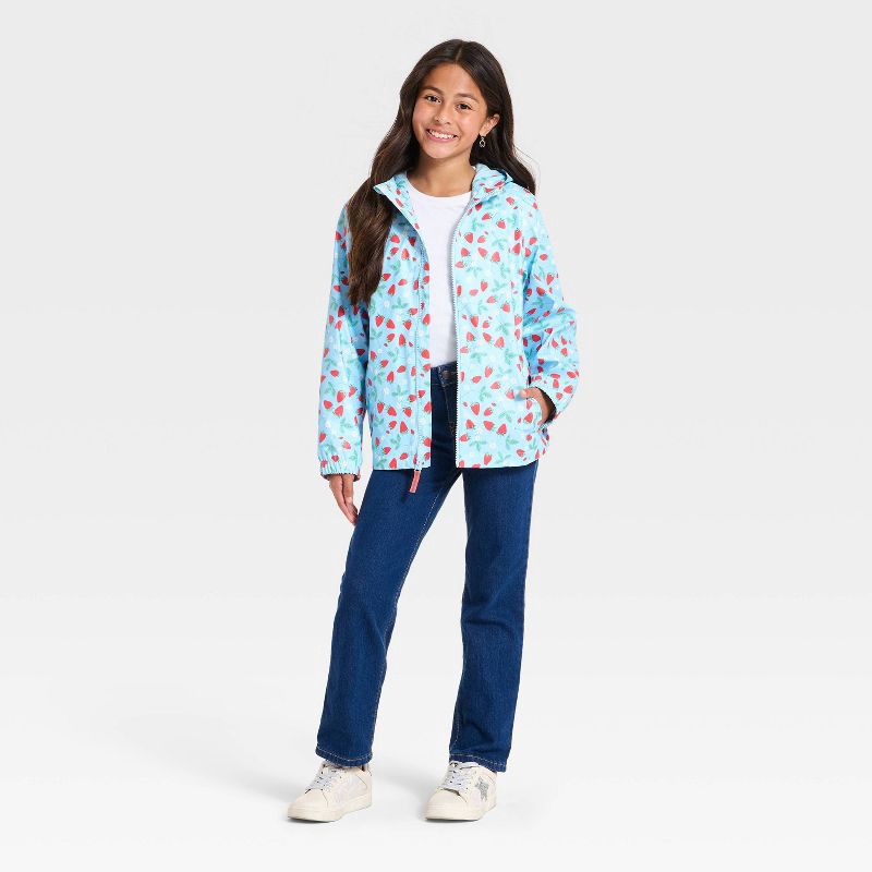 slide 3 of 3, Girls' Strawberry Floral Printed Rain Jacket - Cat & Jack™ Light Blue M, 1 ct