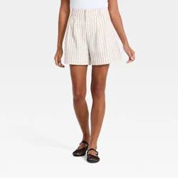 Women's Linen Pleated Shorts - A New Day™ Cream Striped 14