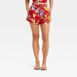 Women's Linen Pull-On Shorts - A New Day™ Red Floral XS
