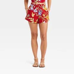 Women's Linen Pull-On Shorts - A New Day™ Red Floral S