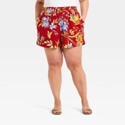 Women's Linen Pull-On Shorts - A New Day™ Red Floral XXL