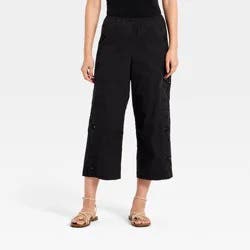 Women's Cropped Straight Leg Eyelet Pull-On Pants - A New Day™ Black XS