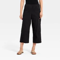 Women's Cropped Straight Leg Eyelet Pull-On Pants - A New Day™ Black XL