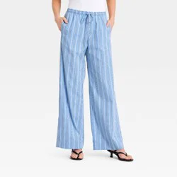 Women's Mid-Rise Poplin Straight Leg Pull-On Pants - A New Day™ Blue Striped M