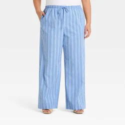Women's Mid-Rise Poplin Straight Leg Pull-On Pants - A New Day™ Blue Striped XXL