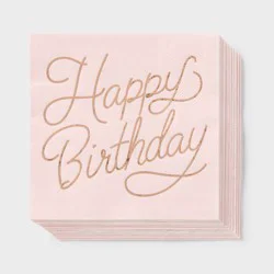 30ct "Happy Birthday" Foil Lunch Napkins Light Pink/Rose Gold - Spritz™
