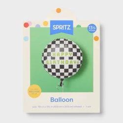 Checkered Happy Birthday Round Foil Balloon Black and White - Spritz™
