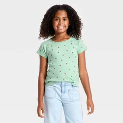 Girls' Short Sleeve Fitted Ribbed Strawberry T-Shirt - Cat & Jack™ Dusty Mint Green M