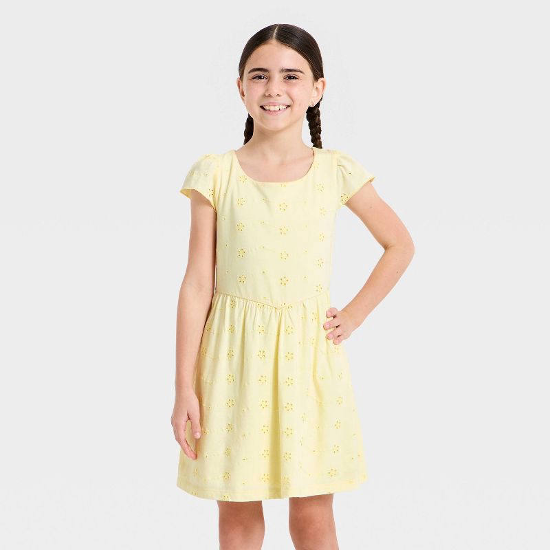 slide 1 of 3, Girls' Short Sleeve Knit Eyelet Dress - Cat & Jack™ Pale Yellow XS, 1 ct