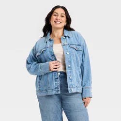Women's Denim Boyfriend Trucker Jacket - Ava & Viv™ Medium Wash 2X
