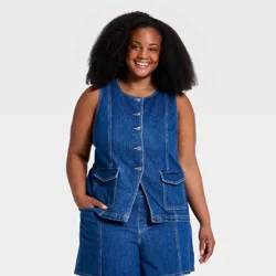 Women's Denim Tailored Vest - Ava & Viv™ Medium Wash 3X