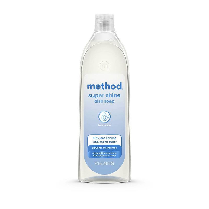 slide 1 of 9, Method Super Shine Liquid Dish Soap Powered By Enzymes Free + Clear - 16 fl oz: Plastic Bottle, Dye-Free, Paraben-Free, Phthalate-Free, 16 fl oz