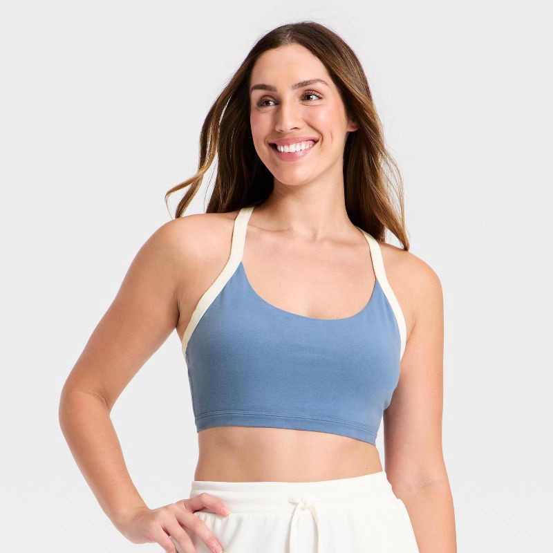 slide 3 of 5, Women's Cotton Balance Cotton Spandex Blend Light Support Racerback Sports Bra - All In Motion™ Steel Blue M, 1 ct