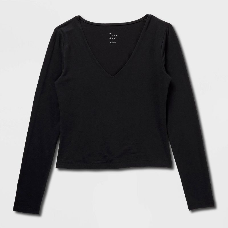 slide 4 of 4, Women's Sculpt Long Sleeve V-Neck Top - A New Day™ Black M, 1 ct