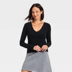 Women's Sculpt Long Sleeve V-Neck Top - A New Day™ Black M