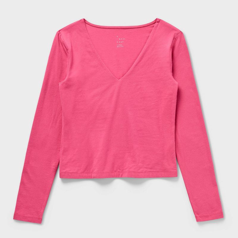 slide 4 of 4, Women's Sculpt Long Sleeve V-Neck Top - A New Day™ Pink M, 1 ct