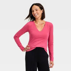 Women's Sculpt Long Sleeve V-Neck Top - A New Day™ Pink M