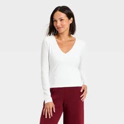 Women's Sculpt Long Sleeve V-Neck Top - A New Day™ White S