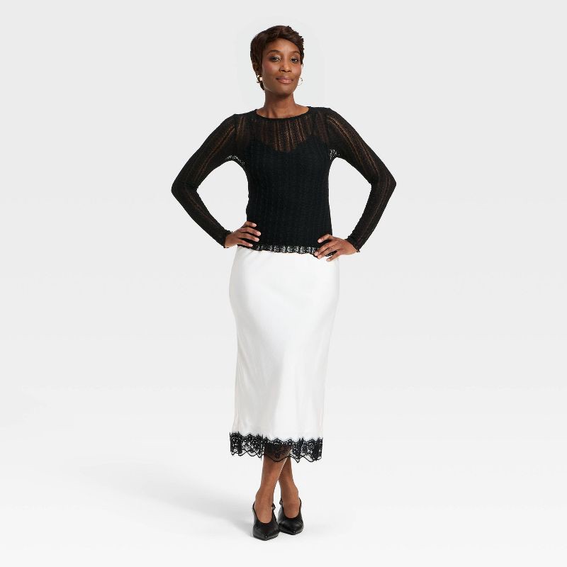 slide 3 of 4, Women's Long Sleeve Lace Top - A New Day™ Black M, 1 ct