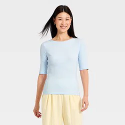 Women's Modern Ribbed Elbow Sleeve Top - A New Day™ Light Blue L