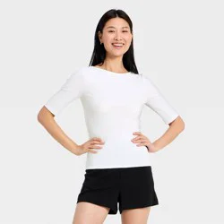 Women's Modern Ribbed Elbow Sleeve Top - A New Day™ White S