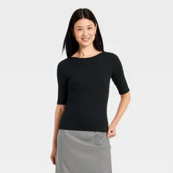 Women's Modern Ribbed Elbow Sleeve Top - A New Day™ Black M