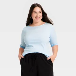 Women's Modern Ribbed Elbow Sleeve Top - A New Day™ Light Blue XXL
