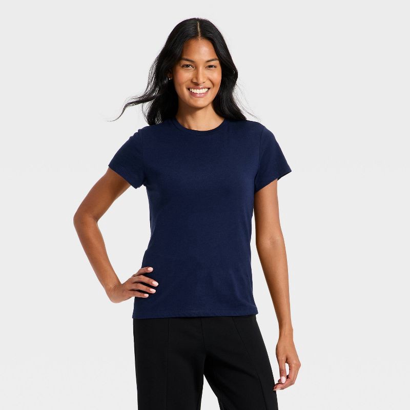 slide 1 of 4, Women's Short Sleeve Perfect T-Shirt - A New Day™ Navy Blue M, 1 ct