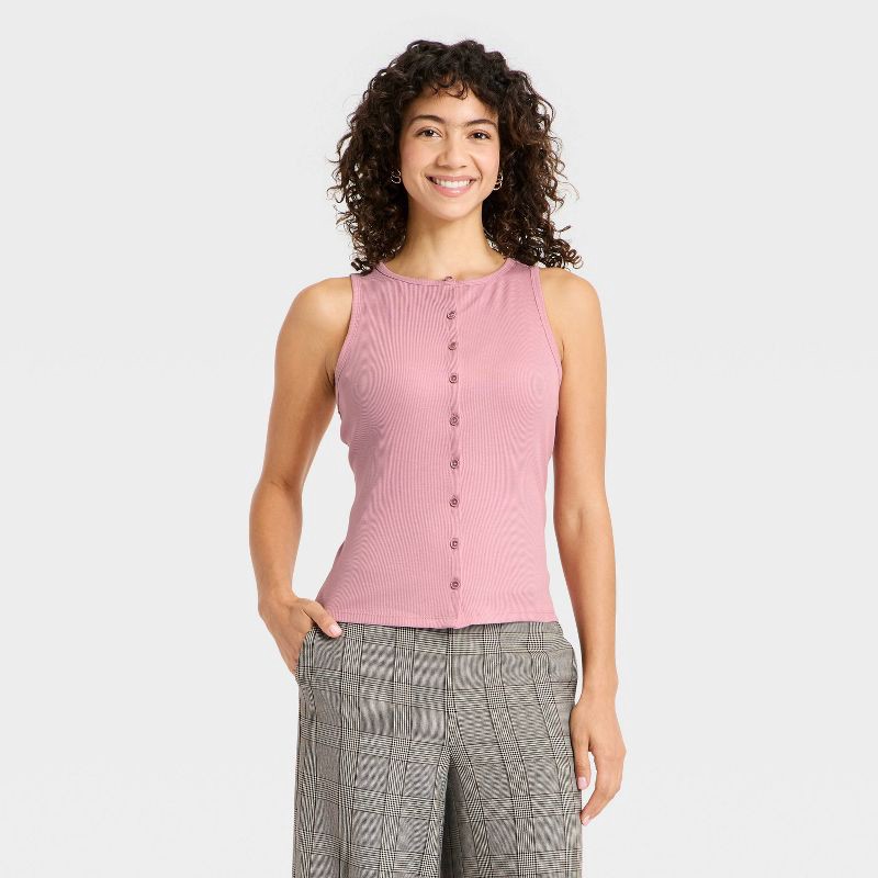 slide 1 of 4, Women's Slim Fit Modern Ribbed Button-Front Tank Top - A New Day™ Pink M, 1 ct