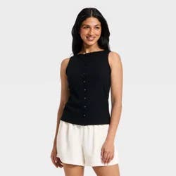 Women's Slim Fit Modern Ribbed Button-Front Tank Top - A New Day™ Black S