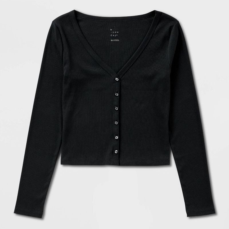 slide 4 of 4, Women's Modern Ribbed Button-Up Knit Cardigan - A New Day™ Black L, 1 ct