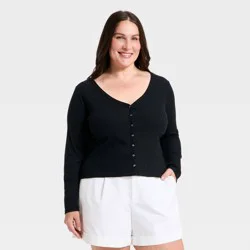 Women's Modern Ribbed Button-Up Knit Cardigan - A New Day™ Black XXL