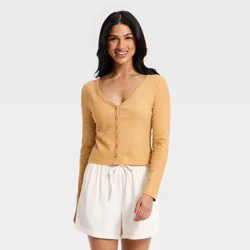 Women's Modern Ribbed Button-Up Knit Cardigan - A New Day™ Tan L