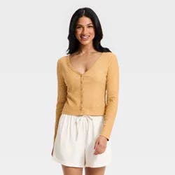 Women's Modern Ribbed Button-Up Knit Cardigan - A New Day™ Tan L