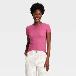 Women's Ribbed T-Shirt - A New Day™ Dark Pink S