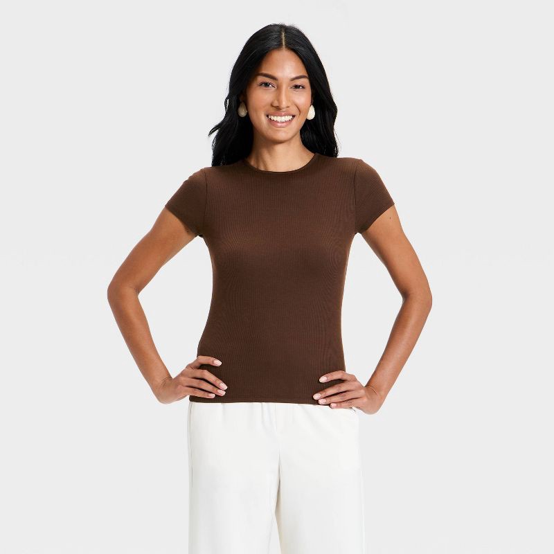slide 1 of 4, Women's Ribbed T-Shirt - A New Day™ Brown XS, 1 ct