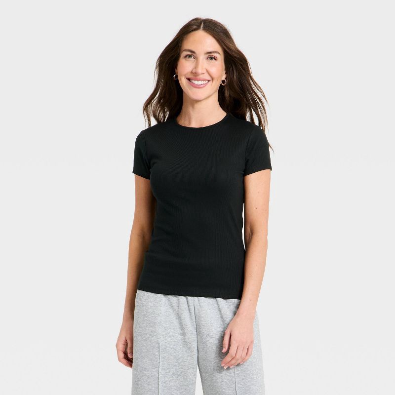 slide 1 of 4, Women's Short Sleeve Ribbed T-Shirt - A New Day™ Black M, MED