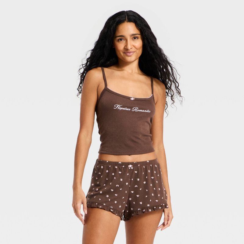 slide 1 of 3, Women's Pointelle Tank Top and Shorts Pajama Set - Wild Fable™ Brown XL, 1 ct