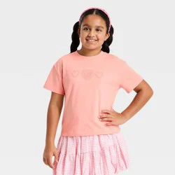 Girls' Short Sleeve Hearts T-Shirt - Cat & Jack™ Peach Pink S