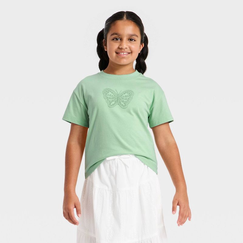 slide 1 of 4, Girls' Short Sleeve Butterfly T-Shirt - Cat & Jack™ Dusty Mint M, 1 ct