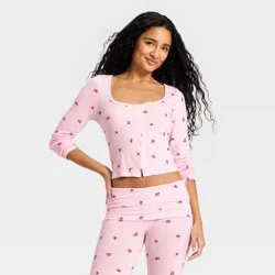 Women's Long Sleeve Ribbed Front-Button Sleep Top - Wild Fable™ Pink Ditsy S